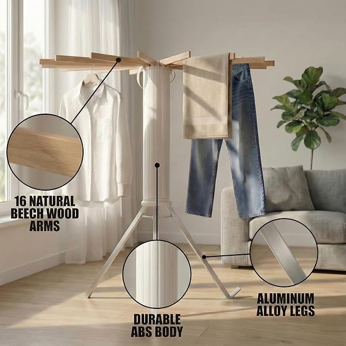 Laundry Drying Rack Collapsible, Tripod Clothes Drying Rack Foldable with 16 Wooden Rods Ideal for Versatile Indoor and Outdoor Use in Apartment, RV, Balcony and Bedroom.