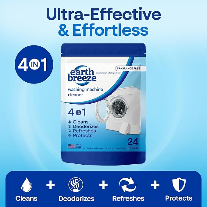 Earth Breeze Washing Machine Cleaner Tablets - 1 Year Supply - Deep Cleans, Removes Odors, Residue & Buildup - Front Load, Top Load & HE Washers - Fragrance-Free - No Harsh Chemicals - Made in USA