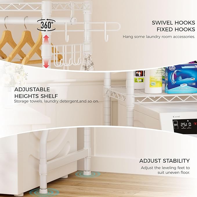 Golpart Over Washer and Dryer Shelves,2 Tier Adjustable Height Wire Shelving Laundry Room Storage Organization Clothes Drying Rack with Hanger Rod&Hooks,Space Saving Organizers Shelf,White