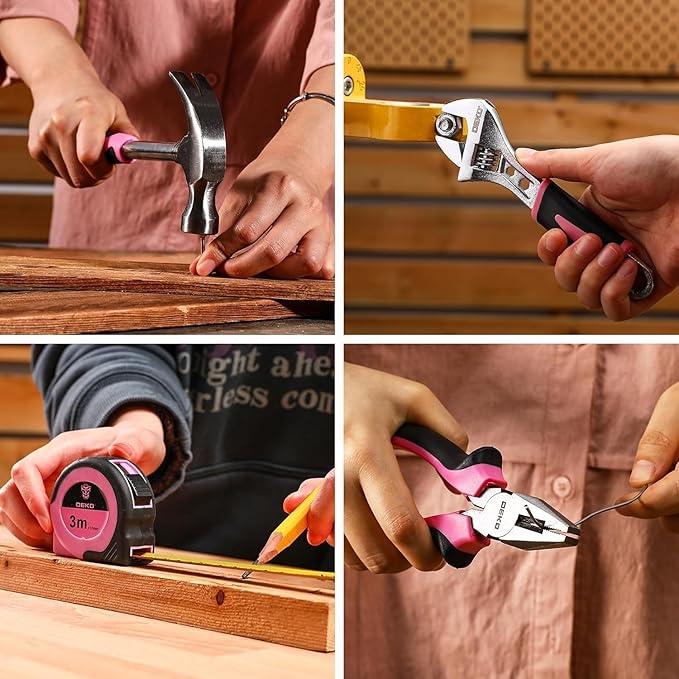 Pink Drill Tool Set Kit DEKOPRO Power Cordless Drill Tool Box with 12V Electric Pink Drill Driver Set for Women Home Hand Repair Tools Sets Drills Case