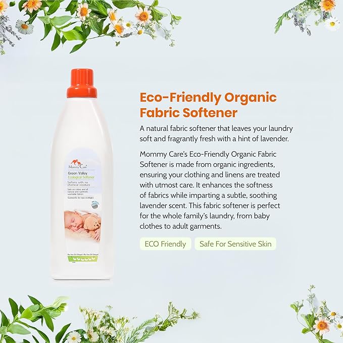 Mommy Care Eco Friendly Organic Fabric Softener - Green Valley Scent – Liquid Laundry Fabric Softener Safe for Babies and Sensitive Skin – Natural Ingredients 33.8 fl.oz