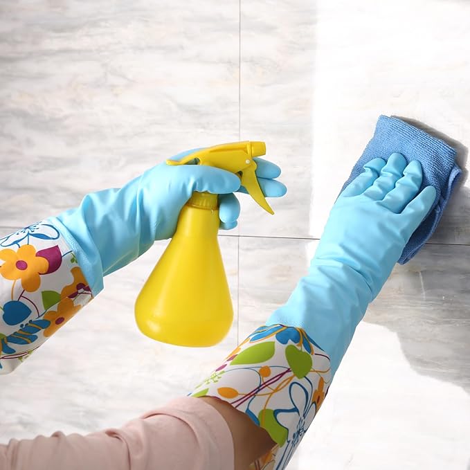 Bamllum 3 Pairs Rubber Cleaning Gloves, Household Kitchen Dishwashing Gloves with Cotton Flocked Liner, Long Cuff 16 Inches, Reusable, Non-Slip (Large, Blue+Pink+White)