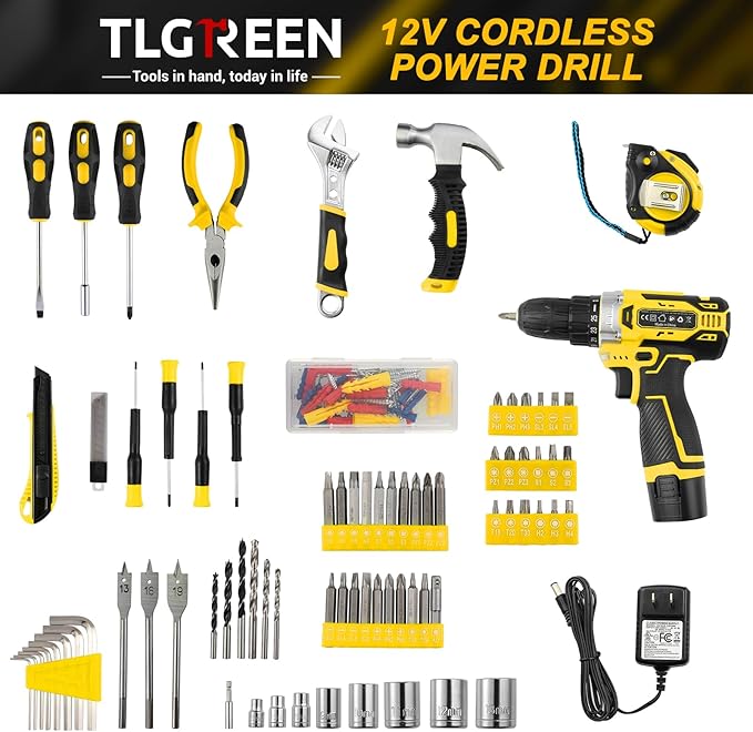 TLGREEN Complete Home Tool Kit with 12V Cordless Drill & Magnetic Bits | 138Pcs All-in-One Set for DIY, Repairs & Assembly | Durable Case & Fast Charging | Ideal for New Homeowners | Yellow