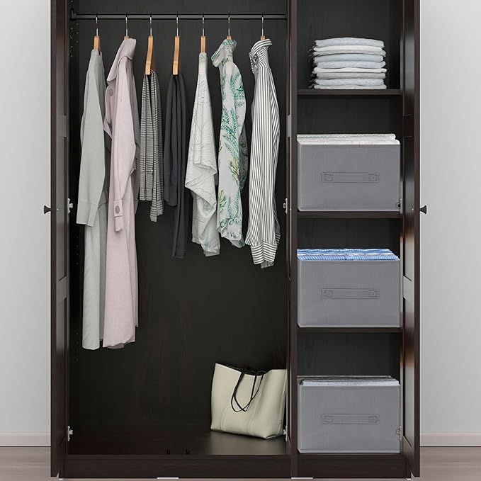 Jeans Organizer for Closet: Foldable Wardrobe Clothes Organizer with Handle, Stackable Closet Clothes Drawer Organizer Tshirts with 7 Grids for Leggings, Sweater, Jean, Pants, Grey (4 PACK)