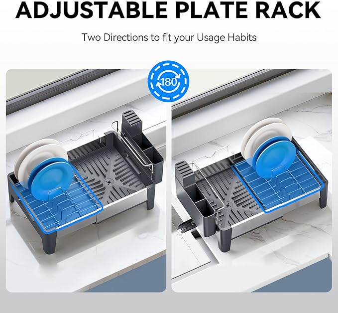 Urackify Expandable Dish Drying Rack, Stainless Steel Dish Rack with Aluminum Frame, Dish Drainer for Kitchen Counter, Space Saving Kitchen Drying Rack with Movable Utensil Holder, Gray