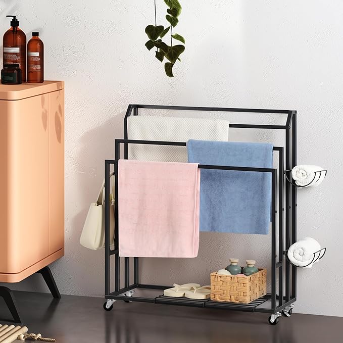 Towel Rack for Bathroom Freestanding Towel Holder Stand Black Blanket Holder for Floor Large Towel Cart with Wheels, Storage Shelves, 6 Metal Hooks for Bathroom, Pool, Living Room