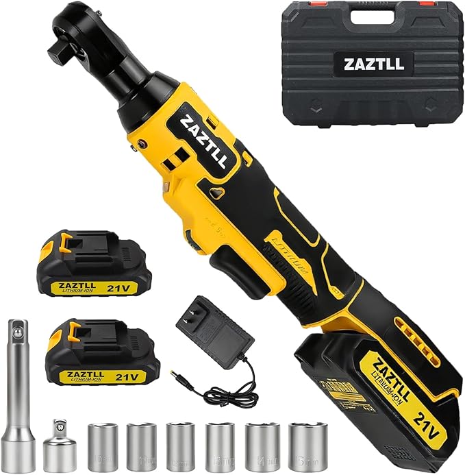 3/8" Cordless Ratchet Wrench,74Ft-lbs Electric Ratchet Wrench, Chargeable Power Ratchet Driver with 2 X 21V Lithium-Ion Battery,7 Sockets, 3" Extension Bar, 1/4" Adapter