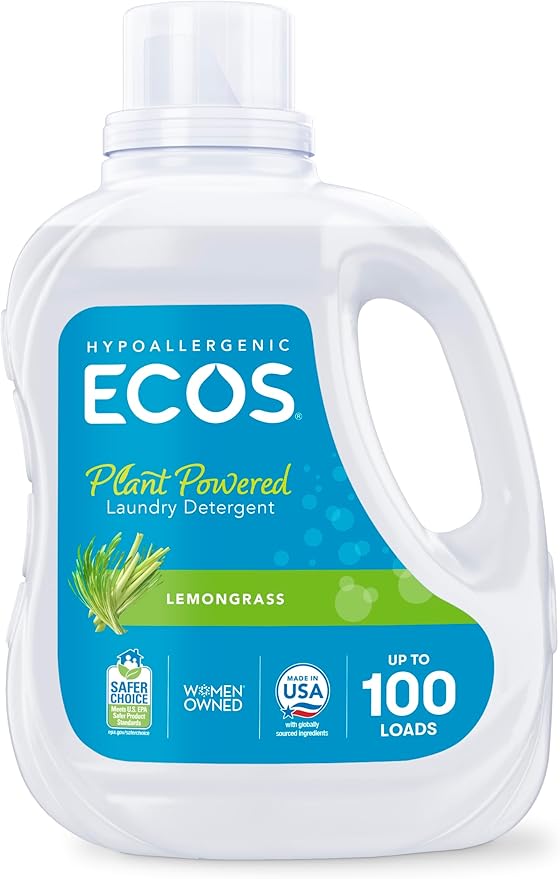 ECOS Laundry Detergent Liquid, 100 Loads - Dermatologist Tested Laundry Soap - Hypoallergenic, EPA Safer Choice Certified, Plant-Powered - Lemongrass, 100 Fl Oz
