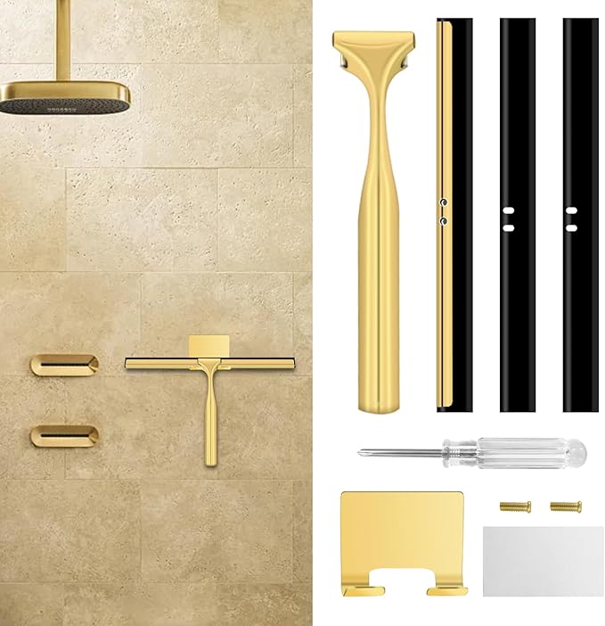 Shower Squeegee for Glass Doors,10 Inch Stainless Steel Squeegee for Shower Glass with Storage Hook, Shower Squeegee for Tile Shower Walls, Window Mirror Squeegee and Car Glass (Gold)