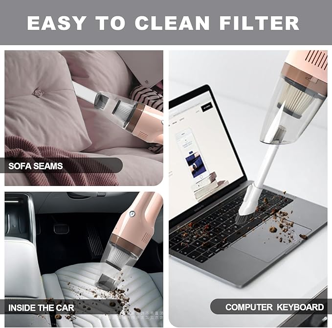 Portable Handheld Vacuum Cleaner Cordless, Cleaner for Dirt Home Pet Hair, Car Interior Dust, Power Suction Lightweight Stylish Hand Vacuum (Pink)