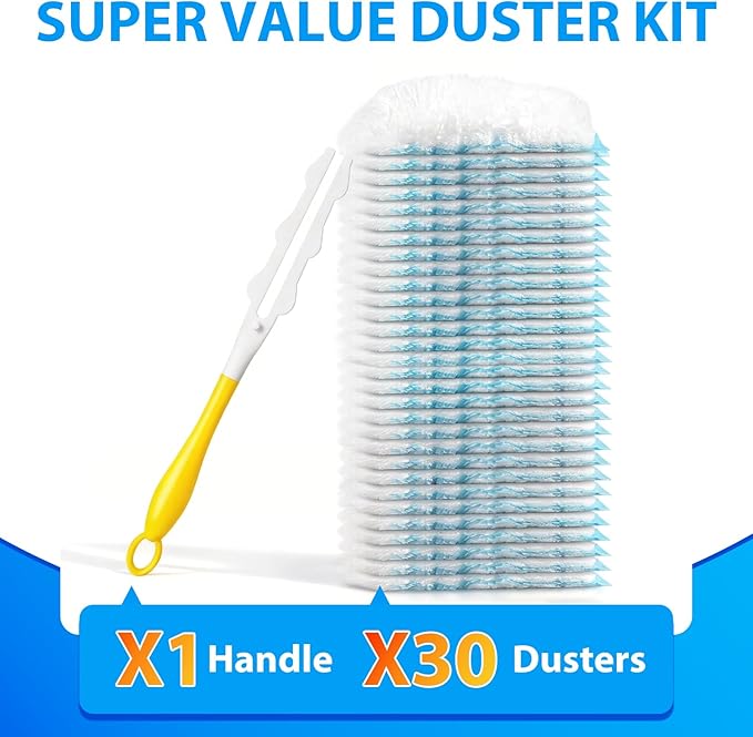 30 Count Duster Refill for Swiffer Duster with 1 Handle - 360° Multi-Surface Larger Size Feather Dusters, Disposable Duster Kit for Cleaning Home, Furniture, Blinds and Ceiling Fans
