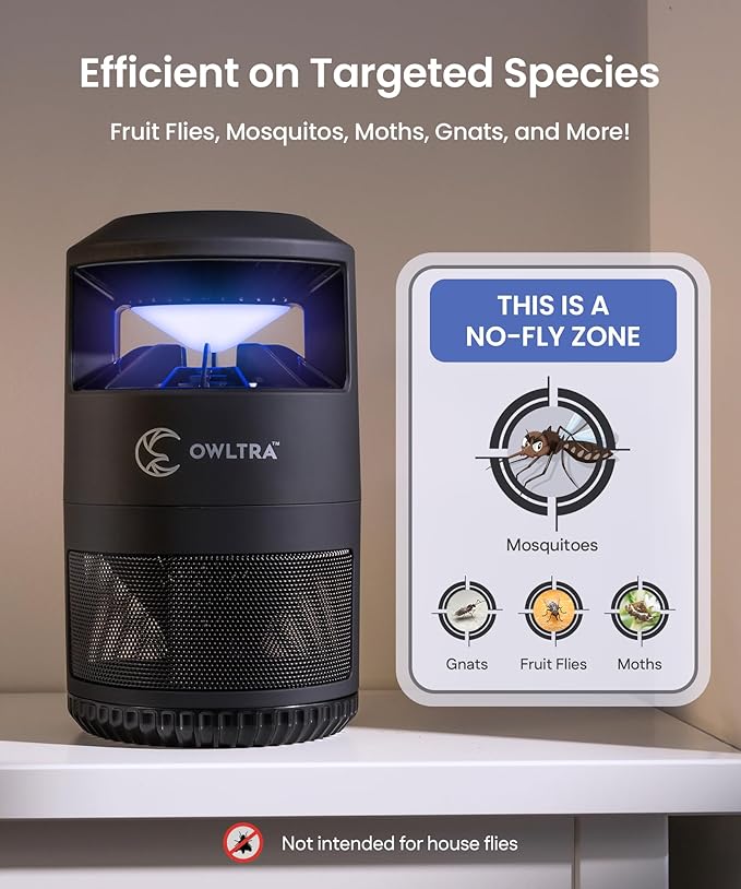OWLTRA IMT-L60 Indoor Electric Insect Trap, Catcher & Killer Lamp for Fruit Flies, Mosquitos, Moths, Gnats, and More with UV Light Attraction and Fan Suction, Black