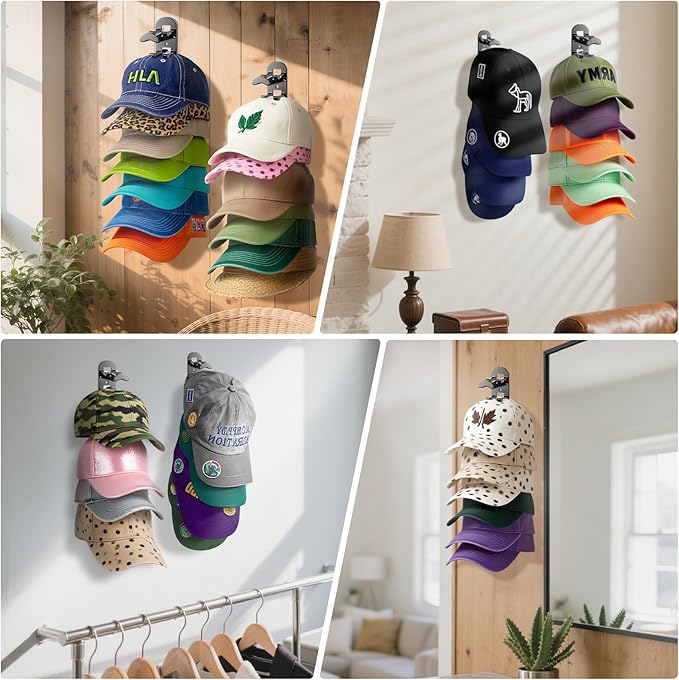 4 Pack Hat Organizer Hat Hook for Wall,Hold up to 40 Hats,Hat Holder with Strong Adhesive and Screws,Cap Holder Hat Hangers for Wall Closet Door and Bedroom(B-Black,4pcs)