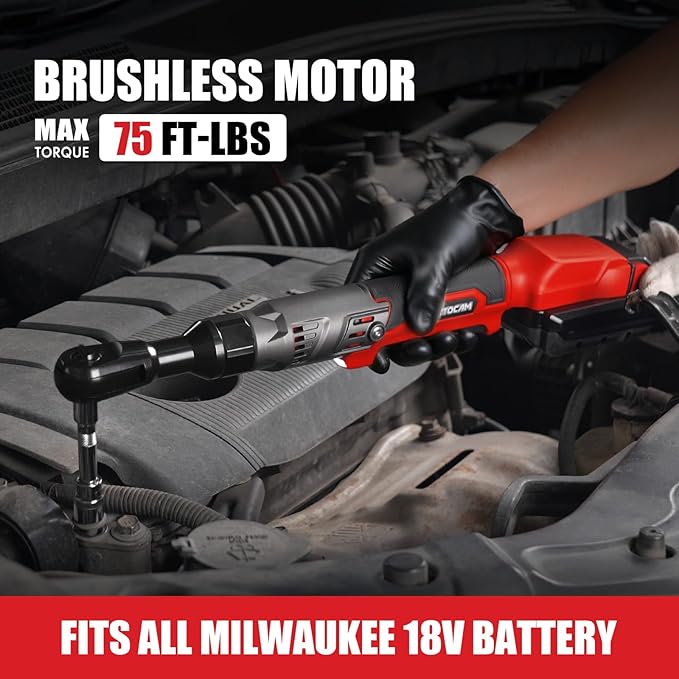 3/8" Cordless Ratchet Wrench for Milwaukee 18V Battery(Tool Only),75FT-LBS(102N.m) Extended Electric Ratchet Wrench with Variable Speed, LED Light, 1/4"&1/2" Adapter,3" Extension Bar