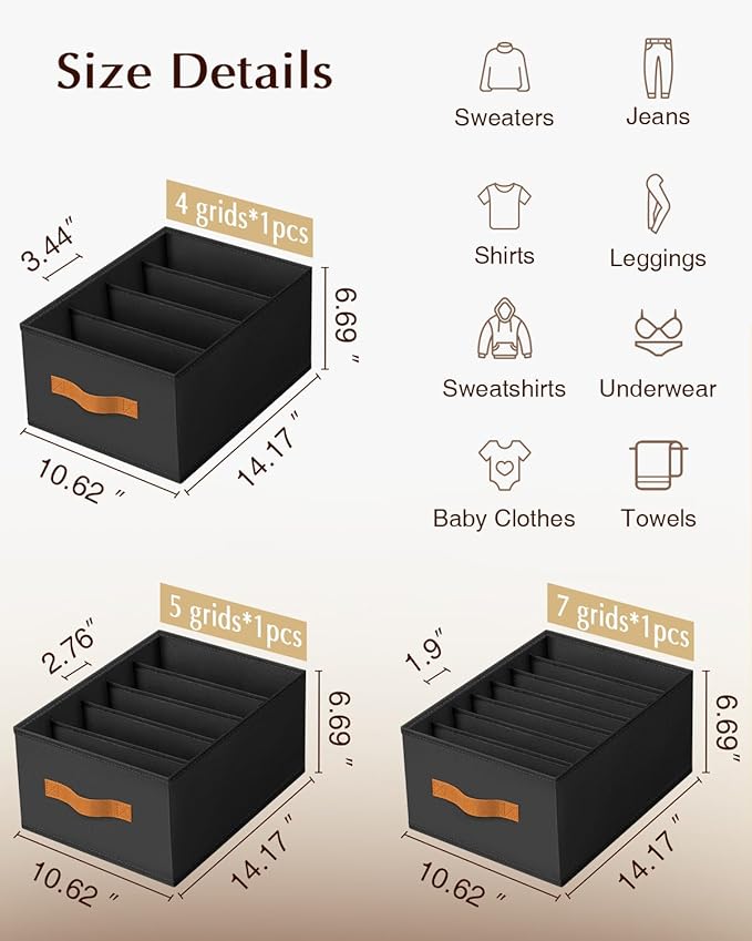 Homsorout Clothes Organizers and Storage - 4/5/7 Grids Fabric Jeans Organizer with Handles, Foldable Closet Organizers Dividers, Wardrobe organizer for Pant, Sweater, T-shirt, Scarf, 3 Pack, Black
