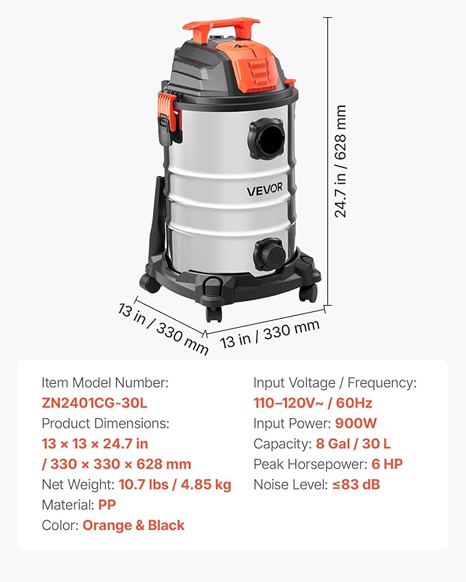 VEVOR Shop Vac, 8 Gallon Wet Dry Shop Vacuum, 6 Peak HP with One-Button Self-Cleaning, Dual-Filter, 900W Input Power, 1.25in x 7ft Hose, 9.8ft Cord, Metal Tank for Jobsite, Workshop, Garage, Home