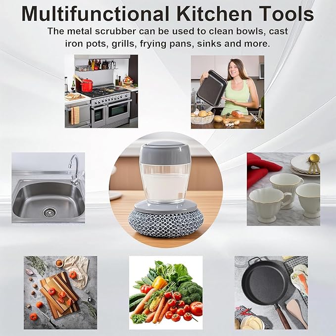 Soap Dispensing Dish Brush Cleaning Steel Wool Scrubber for Dishes Pans Kitchen Sink Bathtub Tile and Household