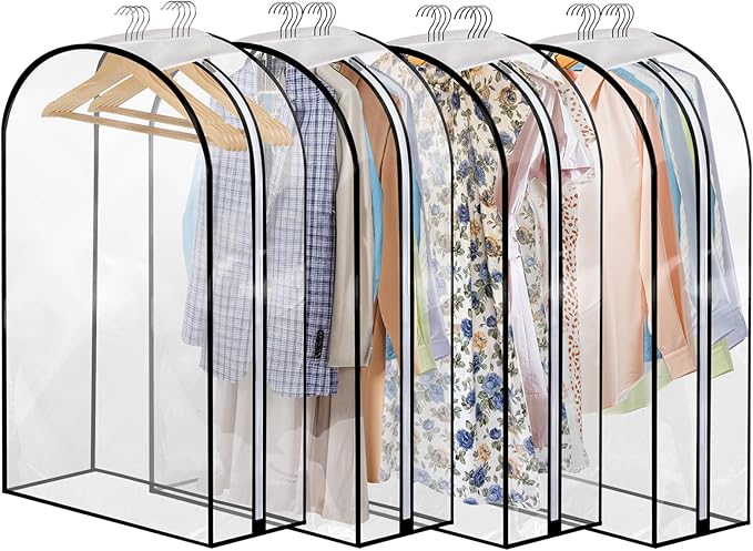 4 Pack Full Clear Garment Bags with Side Zipper, 40" Clothes Covers with 10" Gusset, Transparent Hanging Suit & Coat Covers for Closet Storage, Jackets, Dresses, Windbreakers
