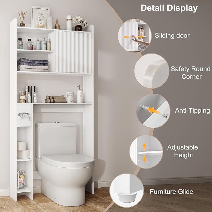 Over The Toilet Storage Cabinet with Sliding Door, 31.5" W Over Toilet Bathroom Organizer with Adjustable Shelves & Toilet Paper Holder, Space Saver Cabinet for Bathroom, White