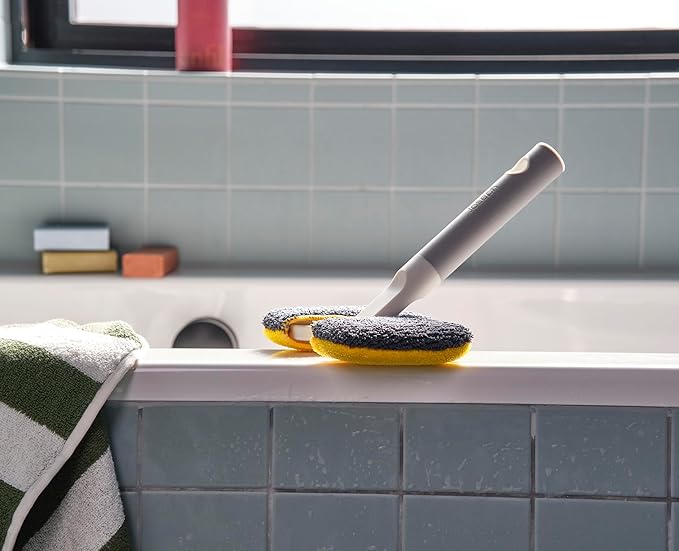 Joseph Joseph CleanTech 2-in-1 Bathroom Tub Shower Cleaning Scrubber with Microfiber pad and Abrasive Scouring Pads
