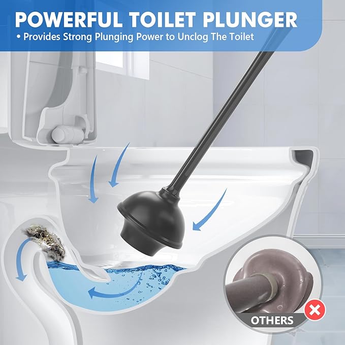 Toilet Plunger and Brush with Holder, Bowl Brush and Heavy Duty Toilet Plunger Set with Ventilated Holder, 2-in-1 Toilet Brush and Plunger Combo for 5.3-inch Toilet Drain New Pack (Black, 1)