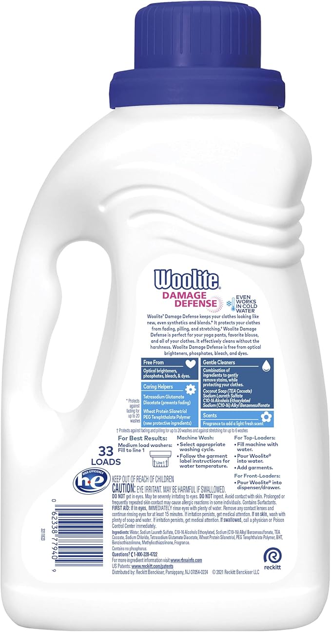 Woolite Damage Defense Liquid Laundry Detergent – Protects Clothes from Stretching & Pilling, 50oz