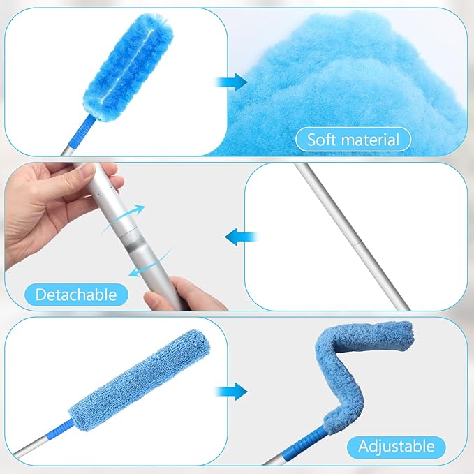Eunice 13-49.7 Inches Ceiling Fan Duster with Extension Pole, U-Shape and Coral Fleece Heads Adjustable and Removable Fan Cleaner Blade for High Ceiling, Window Door Furniture (Blue)