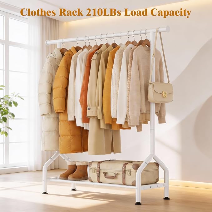 EAGMAK Sturdy Clothing Rack with Shelf, Metal Garment Rack with Leveling Feet for Hanging Clothes, Freestanding Clothes Rack for Bedroom, Apartment & Small Spaces, White
