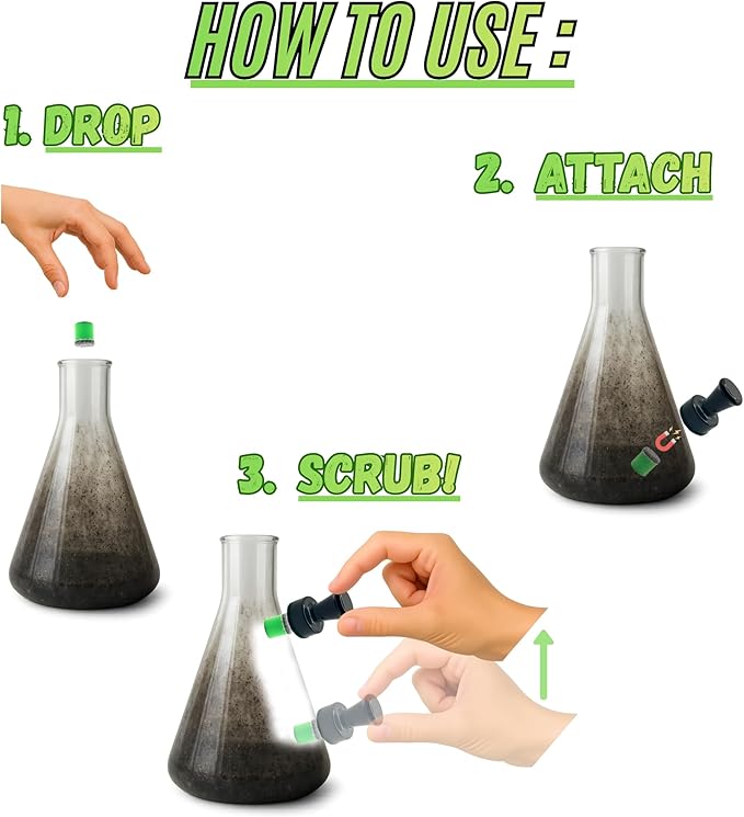 The Magic Cleaner Magnetic Glass Cleaner Kit |Mini, 12mm Size | For Water Pipes, Vases, Windows, Aquariums, Small, & all Shapes & Sizes | Cleans Hard to Reach Stains | Scrub via Magnet Glass Cleaner