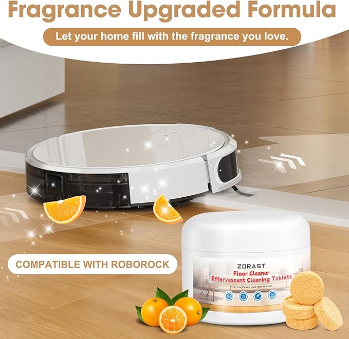 Floor Cleaning Solution, 50 PCS Vacuum Mop Cleaning Solution Tablet Refil, Sweet Orange Scent Compatible with All Roborock Mopping Robots