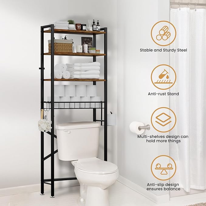 SwaaVee Over The Toilet Storage Cabinet, 4-Tier Bathroom Organizers and Storage with Adjustable Shelves, Freestanding Over-The-Toilet Shelf for Restroom, Laundry, Rustic Brown