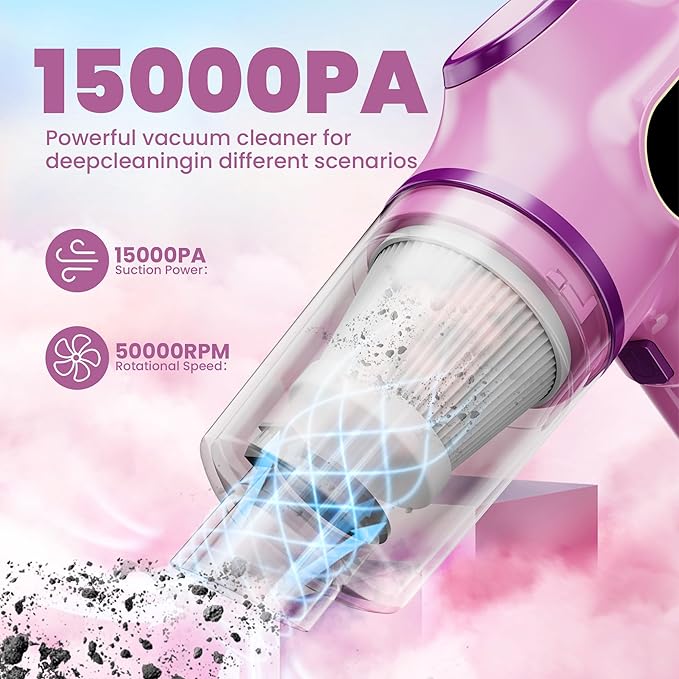 Pink Car Vacuum Cleaner,Portable Mini Cordless Small Handheld Vacuum Cleaner with LCD Display and Multi-Nozzles Powerful Hand Held Vacuums for Car,Pet Hair,Home,Office,Sofa,Keyboard