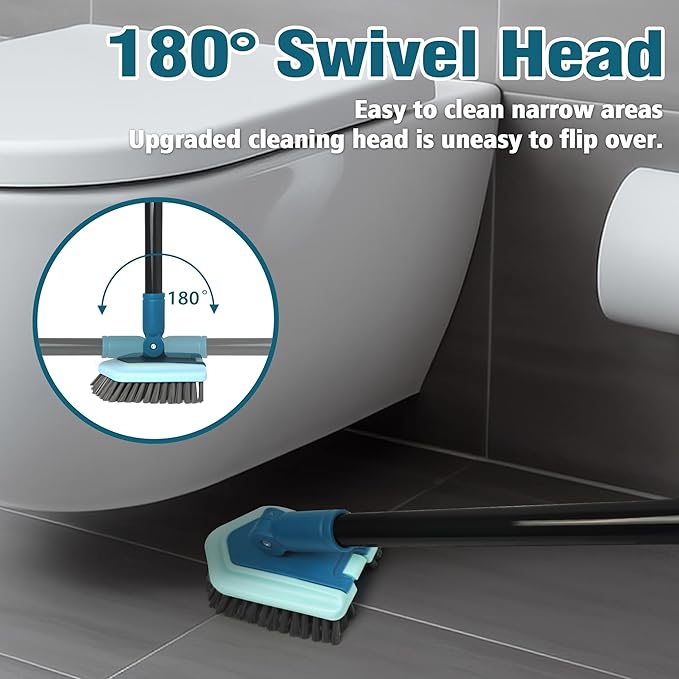 JEHONN Tub Tile Shower Scrubber Brush with Telescopic 51 inches Long Handle, 4 Different Cleaning Heads for Bathroom Bathtub Sink Floor Wall Baseboard (Blue)