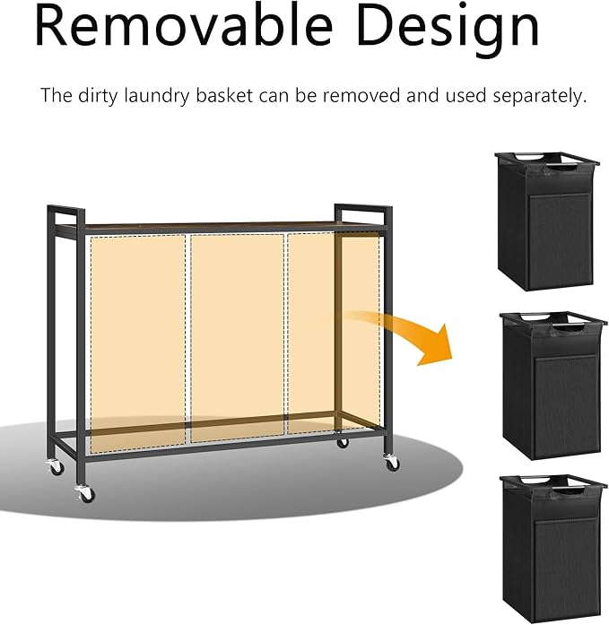 Laundry Hamper with Shelf, Laundry Basket with 3 Pull-Out Removable Bags, 3x 10.6 Gallons(120L), Metal Frame, Lockable Wheels, for Laundry Room and Bedroom