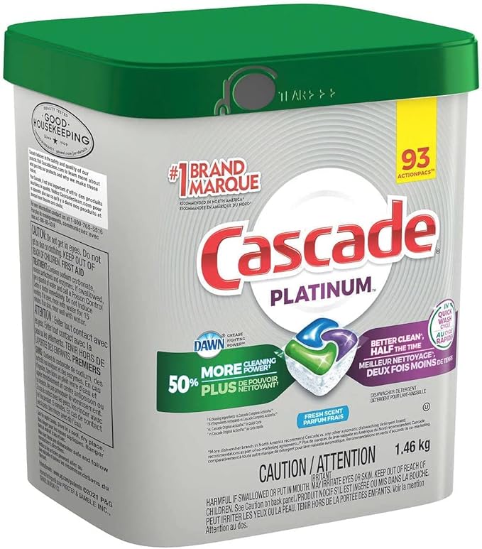 Cascade Platinum ActionPacs Dishwasher Detergent with Dawn, Fresh Scent - 92 Count with 10pct bonus 102 packs
