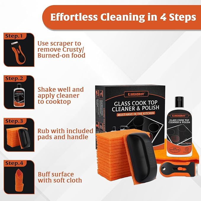 20pcs Glass Stove Top Cleaner Kit - 12 oz Cooktop Cleaner Polish, Non-Abrasive No Scratch, Removes Tough Stains, Includes Scrubbing Pad, Scraper & Microfiber Cloth for Smooth Glass Surfaces