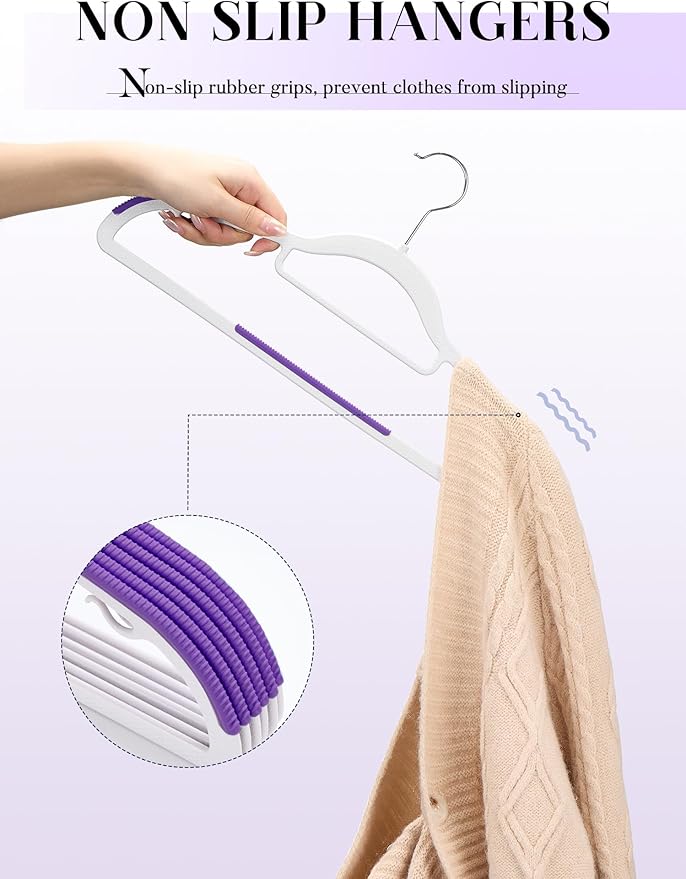 HOUSE DAY Plastic Hangers 50 Pack, Clothes Hangers Non Slip with Rubber Grip, Heavy Duty Plastic Hanger with 360º Swivel Hook, Ultra Thin Hanger Space Saving for Closet - Purple