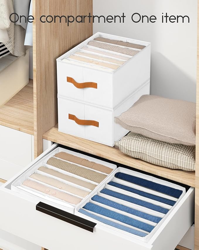Homsorout Closet Organizers and Storage - Fabric Clothes Organizer with Handles, Foldable Jeans Organizer for Clothes, Drawer Organizer for Shirts, Bra, Sweater, Scarf, 4 Pack, White