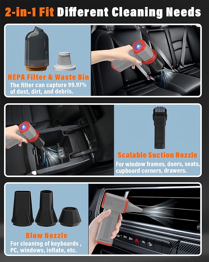 Compressed Air Duster, 130K RPM Powerful Cordless Mini Blower with Display, 10-Gear Adjustable Car Vacuum with Fast Charging, Rechargeable Handheld Vacuum for Home, Outdoor and Car (Gray, 2-in-1)