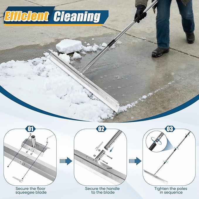 CAROD 33.4" Large Floor Squeegee for Concrete, Commercial Heavy Duty Silicone Blade Squeegee for Floor with 63" Stainless Handle, Anti-Splash Curved Baffle for Garage, Factory, and Tough Cleaning Jobs