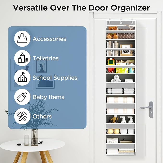 Mefirt Over The Door Organizer, 7 Tier Door Hanging Organizers with 7 Large Pockets 12 Side Pockets, Behind Door Storage Hanging Shelves for Closet Bathroom Bedroom Nursery