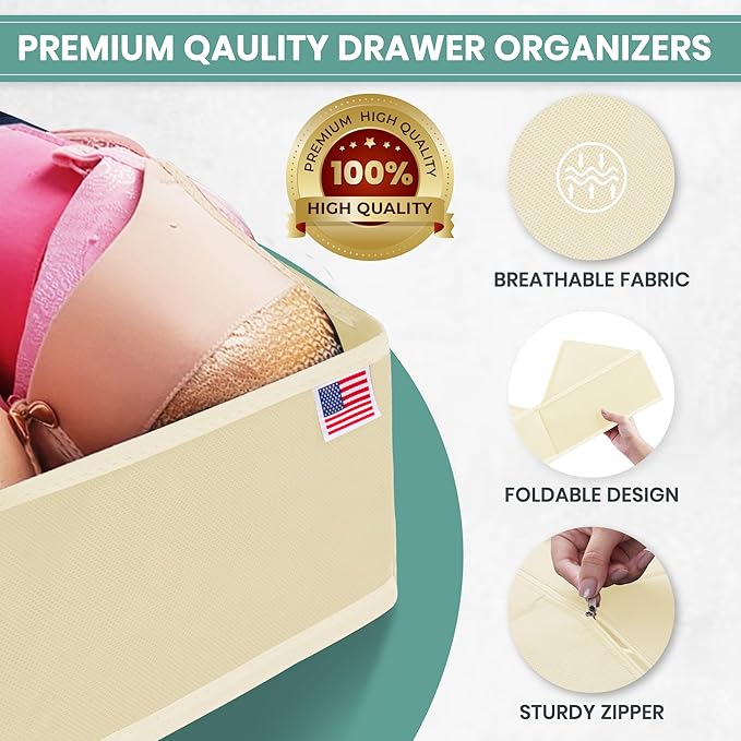 RFAQK 10 Pack Dresser Drawer Organizer Clothes-Baby Clothes Organizer for Nursery, Foldable Closet Fabric Drawer Dividers for Bedroom Organization, Storage Bins, Underwear, Socks, Bras, Belt-Begie