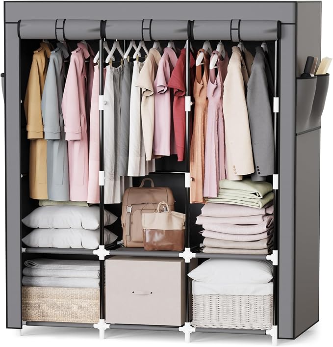 Mavivegue Portable Closet, 50 Inch Wardrobe Closet, Portable Closets for Hanging Clothes with 3 Hanging Rods and 6 Storage Shelves for Bedroom, Gray