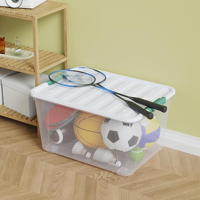 4-Pack Clear Plastic Storage Box with Wheels, 85 Quart Large Plastic Storage Bins with Latch Lids
