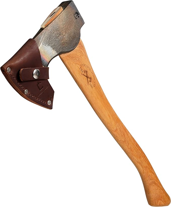 COUNCIL TOOL Wood-Craft Pack Axe - 2 lb Camping Axe, 19" Hickory Handle with Leather Sheath, Made in The USA - WC20PA19C