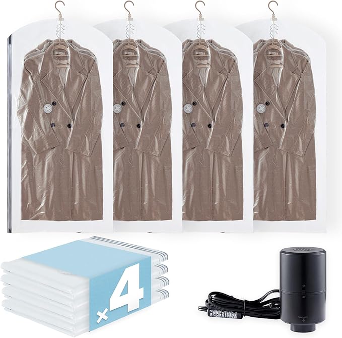 Hanging Vacuum Storage Bags with Electric Pump, 4 Pack (53 x27.5 inch), Vacuum Seal Bags for Clothing, Garment Storage for Short Jacket, Suits, Dresses, Closet Organizer Space Saving