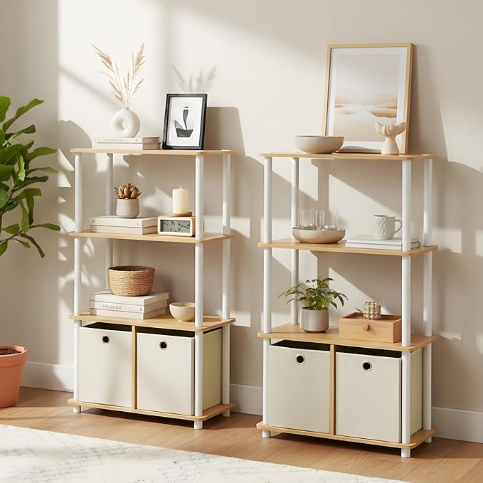 Furinno Go Green 4-Tier Multipurpose Storage Rack Shelving Unit with Bins (Set of 2), Beech