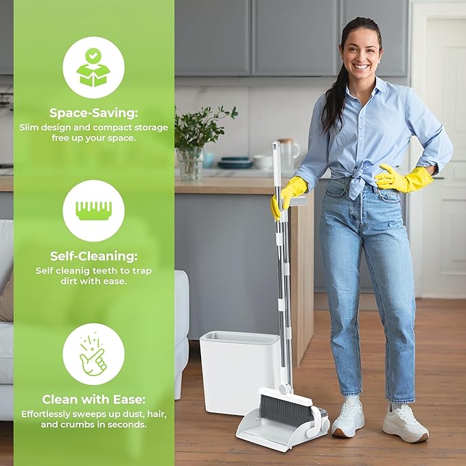 DustDockPro: Broom and Dustpan Set with Trashcan - Long Handle Upright Dust Pan with Teeth Comb, Angled Bristles for Pet Hair Removal, Compact Cleaning Kit for Kitchen Home Tiles Hard Floors