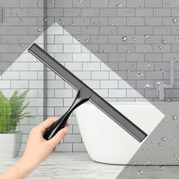 Simtive 12-Inch Shower Squeegee Set, Includes Shower Door Hook and Adhesive Hook, Squeegee for Shower Doors, Mirror and Window, Black