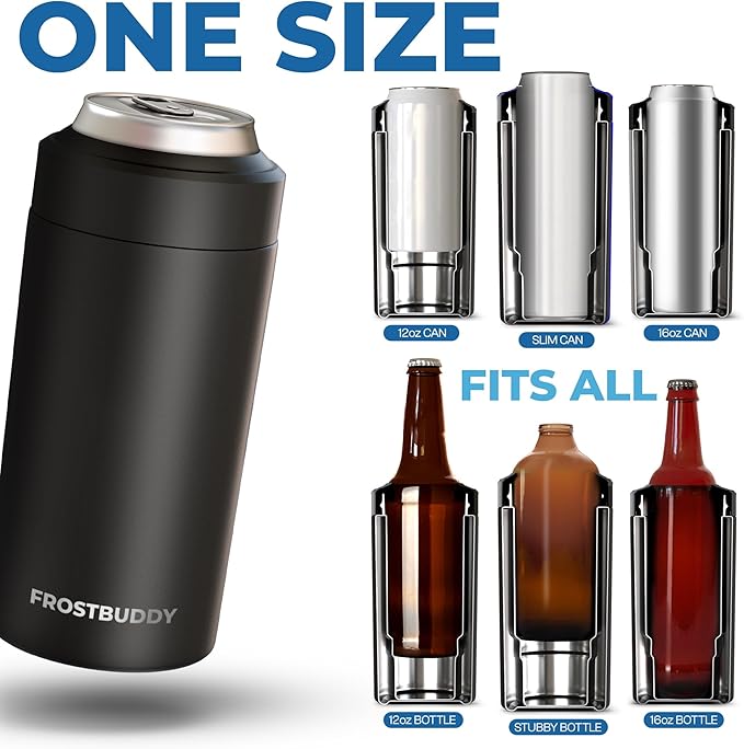 Frost Buddy Universal Can Cooler - Fits all - Stainless Steel Can Cooler for 12 oz & 16 oz Regular or Slim Cans & Bottles - Stainless Steel (Rogue)